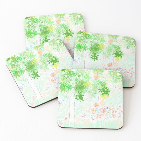 Item preview, Fantasy enchanted forest backdrop with green trees and glowing splatters designed and sold by AjjimaJKM.