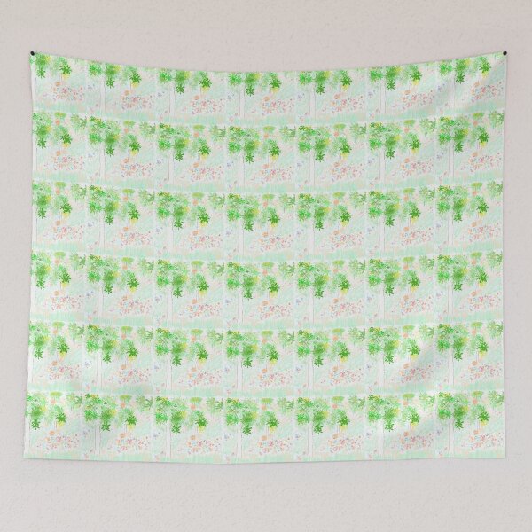 Item preview, Fantasy enchanted forest backdrop with green trees and glowing splatters designed and sold by AjjimaJKM.