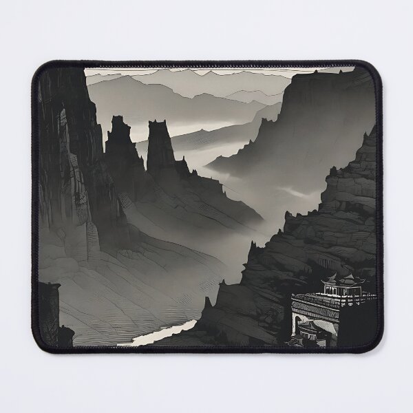 Item preview, Vintage Oriental Pagoda Temple Canyon River Woodcut Art designed and sold by DarkOriginArts.