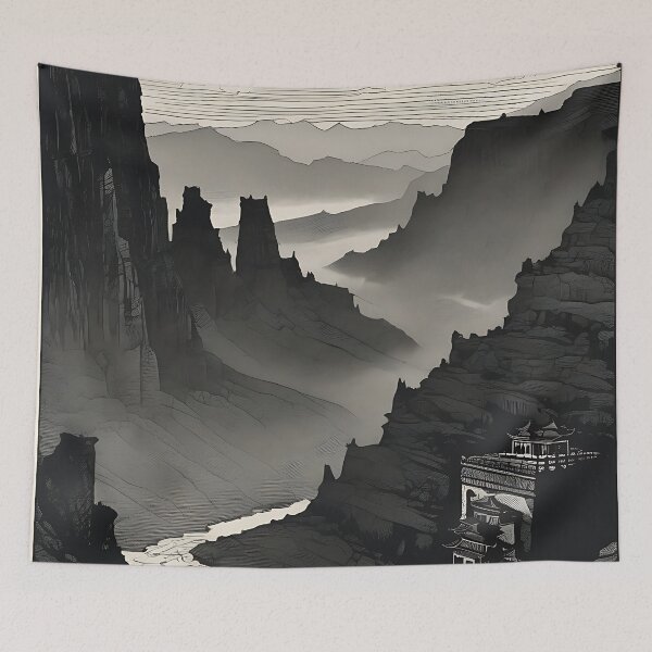 Item preview, Vintage Oriental Pagoda Temple Canyon River Woodcut Art designed and sold by DarkOriginArts.