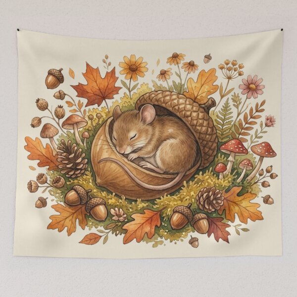 Item preview, Sleeping Mouse Acorn Cap Cottagecore Botanical Art designed and sold by CalmCapy Co.