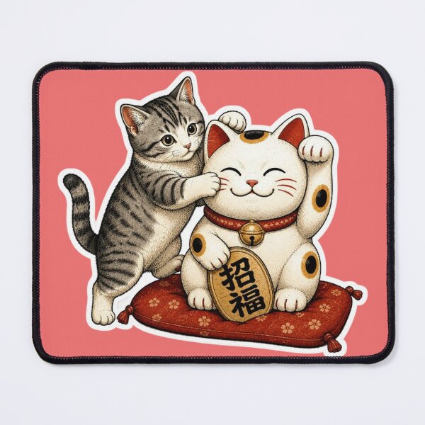 Item preview, Real Cat Meets Maneki Neko Lucky Cat Japanese Fortune Sticker Kawaii Art designed and sold by Aguri-tei.