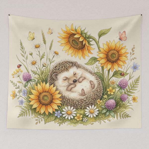 Item preview, Sleeping Hedgehog Sunflower Meadow Cottagecore Summer designed and sold by CalmCapy Co.