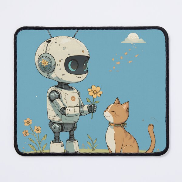Item preview, Wholesome Robot Giving Flower to Cat — Cute Funny Kids Illustration Art designed and sold by Amplify-n-Co.