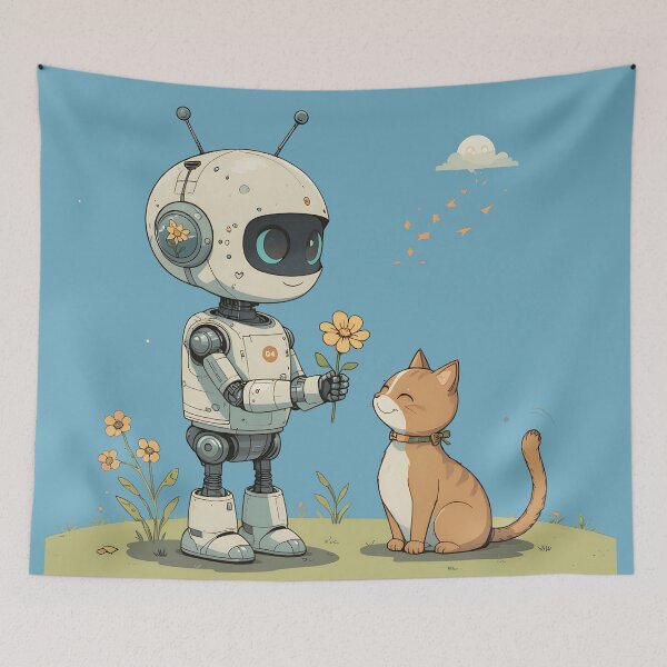 Item preview, Wholesome Robot Giving Flower to Cat — Cute Funny Kids Illustration Art designed and sold by Amplify-n-Co.