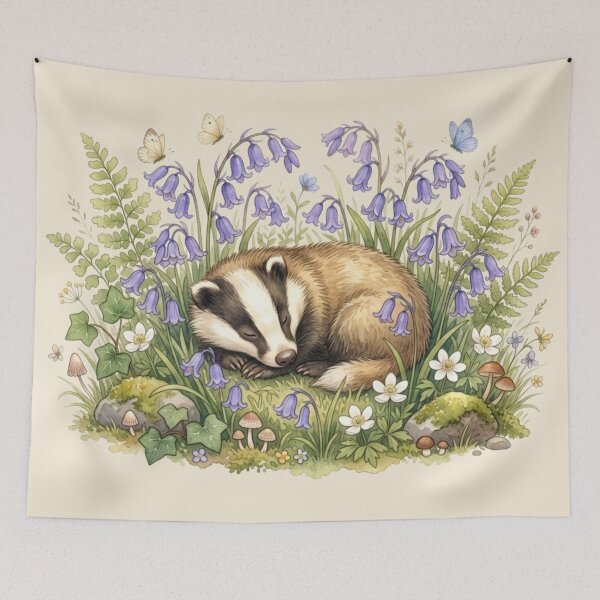 Item preview, Sleeping Badger Bluebell Forest Cottagecore Summer designed and sold by CalmCapy Co.