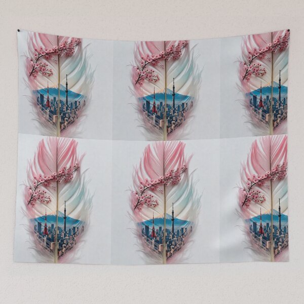 Item preview, Tokyo Sakura Feather Art | Mount Fuji and Skyline Travel Illustration designed and sold by GalleryPeak.