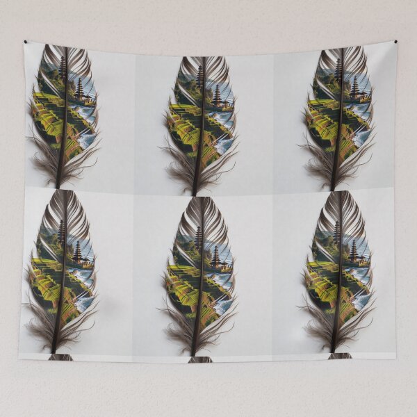 Item preview, Bali Feather Art | Rice Terraces and Temple Coastal Travel Illustration designed and sold by GalleryPeak.