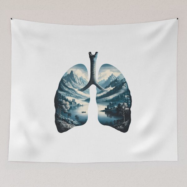 Item preview, Vintage Lung Double Exposure Mountain Landscape Anatomy Art Print in Indigo Blue designed and sold by SlocifieShop.