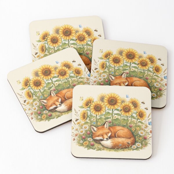 Item preview, Sleeping Fox Sunflowers Summer Cottagecore Meadow Art designed and sold by CalmCapy Co.