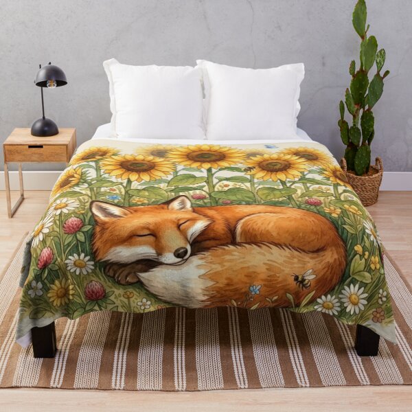 Item preview, Sleeping Fox Sunflowers Summer Cottagecore Meadow Art designed and sold by CalmCapy Co.