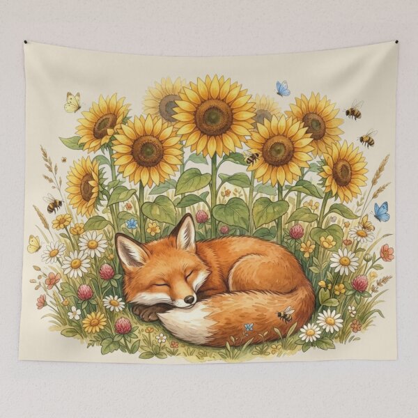 Item preview, Sleeping Fox Sunflowers Summer Cottagecore Meadow Art designed and sold by CalmCapy Co.