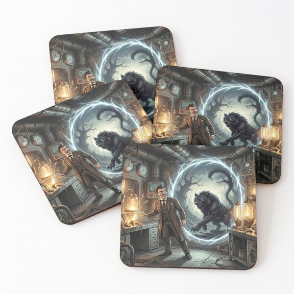 Item preview, A retrofuturistic Tesla lab opens a portal for a shadow panther. designed and sold by FotoworldEdel.