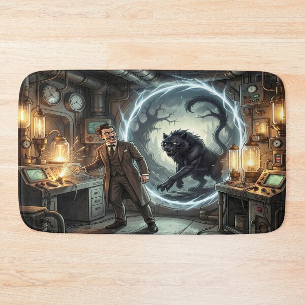 Item preview, A retrofuturistic Tesla lab opens a portal for a shadow panther. designed and sold by FotoworldEdel.
