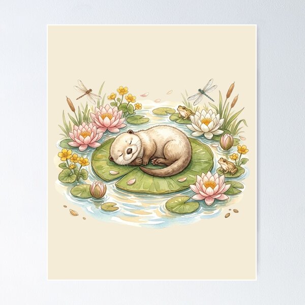 Item preview, Sleeping Otter Lily Pad Summer Cottagecore River Art designed and sold by CalmCapy Co.