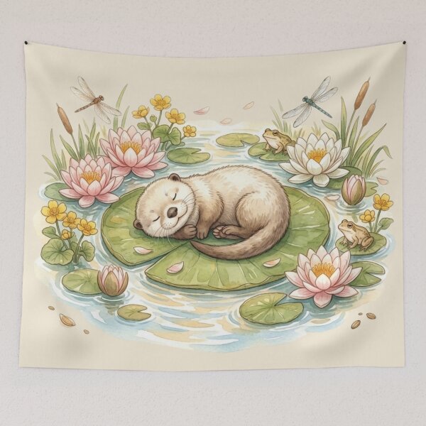 Item preview, Sleeping Otter Lily Pad Summer Cottagecore River Art designed and sold by CalmCapy Co.