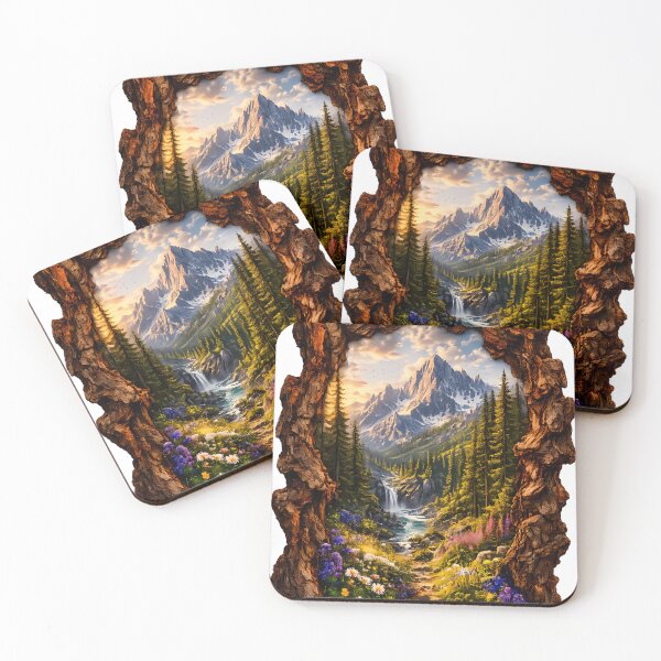 Item preview, Mountain Landscape in Rustic Bark Frame – Woodland Nature Art designed and sold by GGAUL.