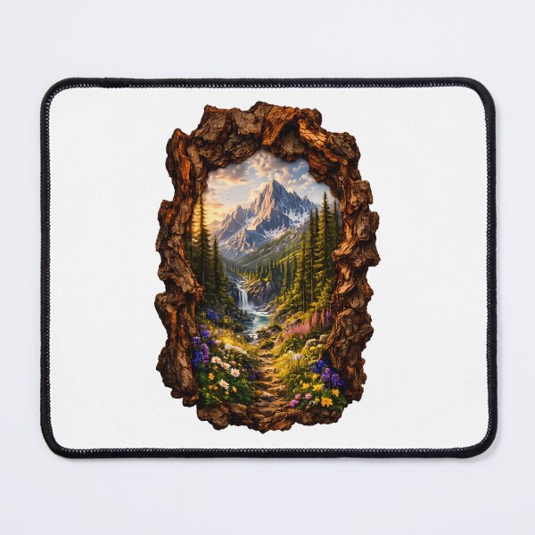 Item preview, Mountain Landscape in Rustic Bark Frame – Woodland Nature Art designed and sold by GGAUL.