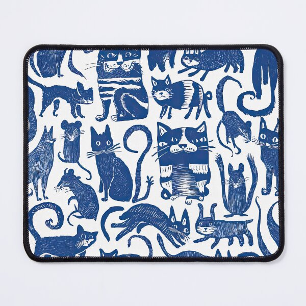 Item preview, Whimsical Blue Cats and Mice - Intricate Linocut Style Pattern designed and sold by angelisart.