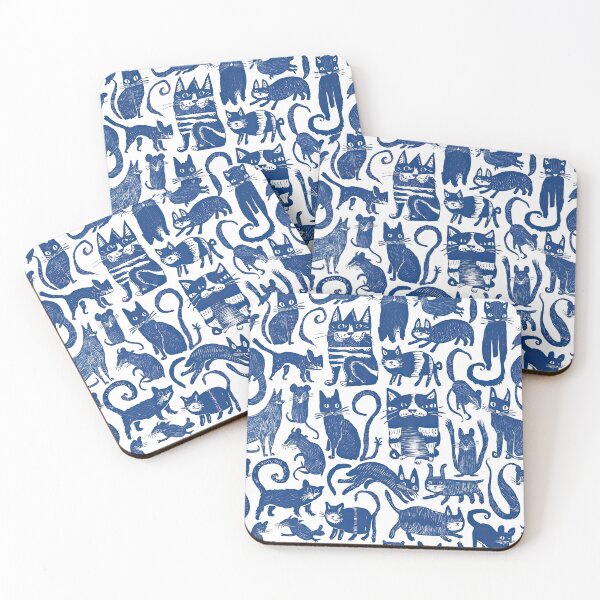 Item preview, Whimsical Blue Cats and Mice - Intricate Linocut Style Pattern designed and sold by angelisart.