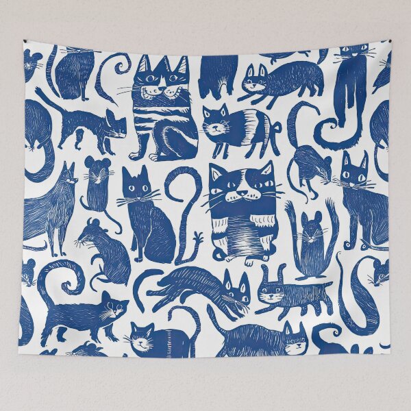 Item preview, Whimsical Blue Cats and Mice - Intricate Linocut Style Pattern designed and sold by angelisart.