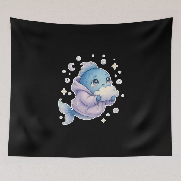 Item preview, Kawaii Sad Fish in Hoodie Hugging Cloud Watercolor designed and sold by AMS.