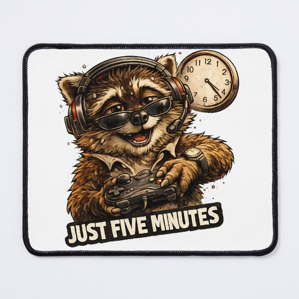 Item preview, Just Five Minutes Funny Gamer Raccoon Meme designed and sold by DryHumorPrints.