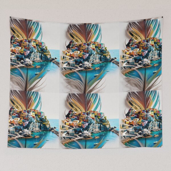 Item preview, Cinque Terre Feather Art | Italian Coastal Village Travel Illustration designed and sold by GalleryPeak.