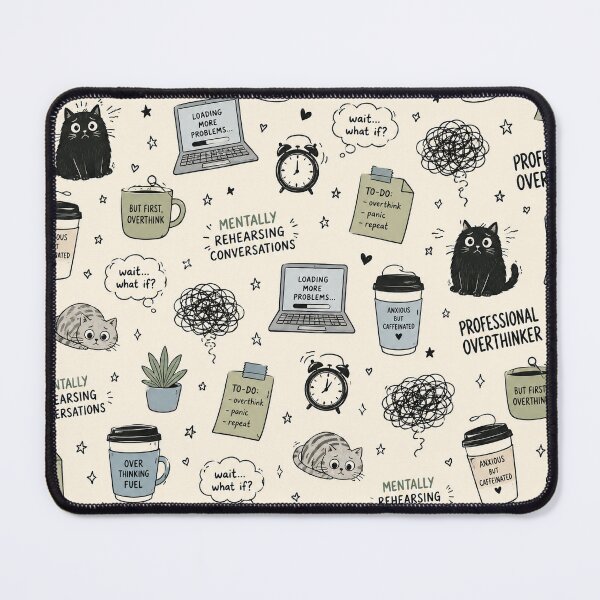 Item preview, Funny Overthinking Cat Pattern – Millennial Anxiety Coffee & Tech Print designed and sold by OpenDreamArts.