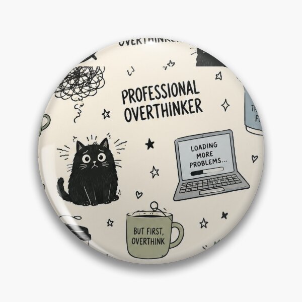 Item preview, Funny Overthinking Cat Pattern – Millennial Anxiety Coffee & Tech Print designed and sold by OpenDreamArts.
