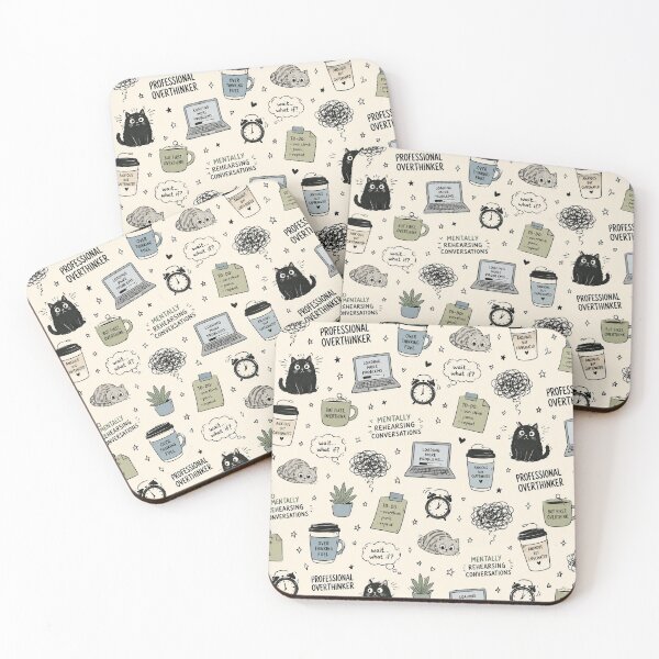Item preview, Funny Overthinking Cat Pattern – Millennial Anxiety Coffee & Tech Print designed and sold by OpenDreamArts.