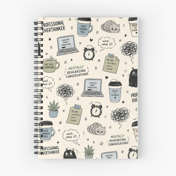 Item preview, Funny Overthinking Cat Pattern – Millennial Anxiety Coffee & Tech Print designed and sold by OpenDreamArts.