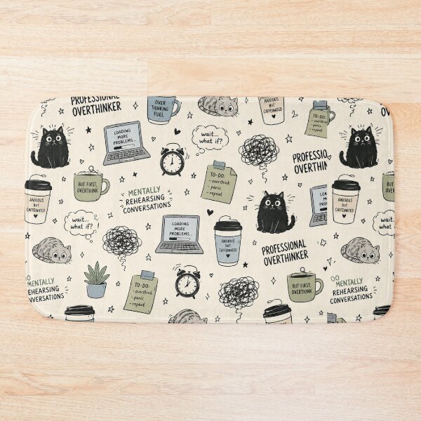 Item preview, Funny Overthinking Cat Pattern – Millennial Anxiety Coffee & Tech Print designed and sold by OpenDreamArts.