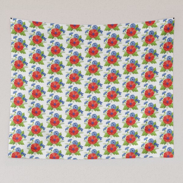 Item preview, Red Poppy Blue Cornflower Meadow Wildflower Bouquet Art designed and sold by vonalvarazs.