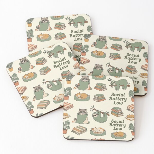 Item preview, "Social Battery Low" Introvert Pattern - Sloth, Raccoon & Napping Cat designed and sold by OpenDreamArts.