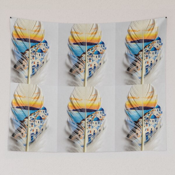 Item preview, Santorini Feather Art | Greek Island Sunset Travel Illustration designed and sold by GalleryPeak.