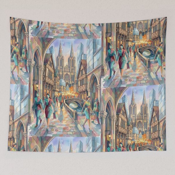 Item preview, Abstract Watercolor City Walk | Fluid Geometric Street Life | Modernist Mixed Architecture Wall Art designed and sold by SergioMiklos.