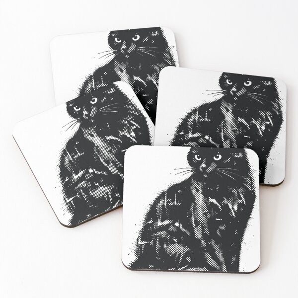 Item preview, Black halftone cat illustration sitting against a white background, vintage monochrome portrait with dotted texture and strong contrast. designed and sold by Dejbar.
