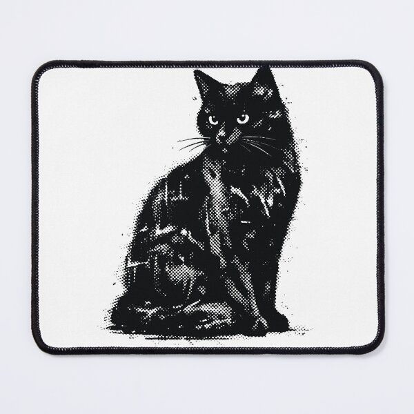 Item preview, Black halftone cat illustration sitting against a white background, vintage monochrome portrait with dotted texture and strong contrast. designed and sold by Dejbar.