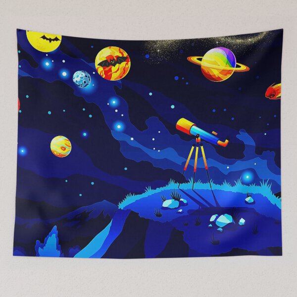 Item preview, Colorful Space Planets with telescope cartoon art  designed and sold by FahdSpaceArt.