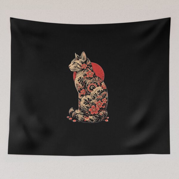 Item preview, Japanese Tattoo Cat Cherry Blossom Red Sun Wave Floral designed and sold by graphixpolash.
