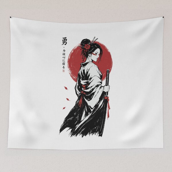 Item preview, Japanese Samurai Woman with Katana | Red Sun Geisha Warrior Art Print designed and sold by MonNoir.