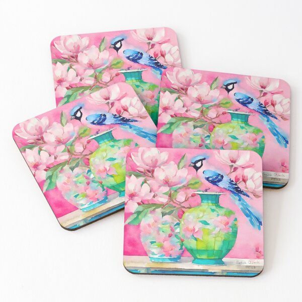 Item preview, Grandmillennial art, Blue bird, magnolia flowers and ginger  jars on pink designed and sold by SophieClimaArt.