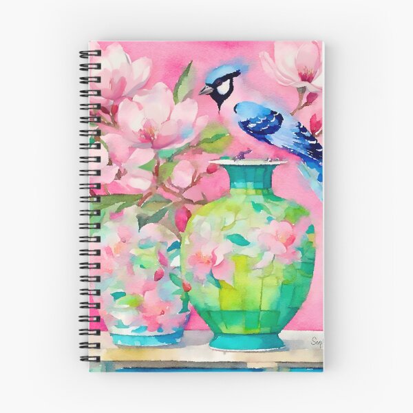 Item preview, Grandmillennial art, Blue bird, magnolia flowers and ginger  jars on pink designed and sold by SophieClimaArt.