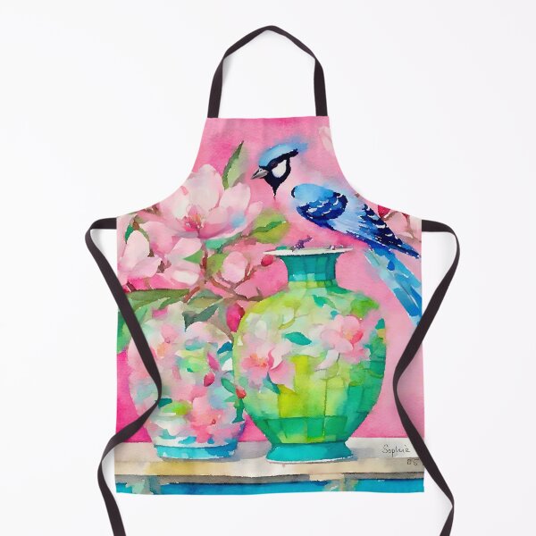 Item preview, Grandmillennial art, Blue bird, magnolia flowers and ginger jars on pink designed and sold by SophieClimaArt.