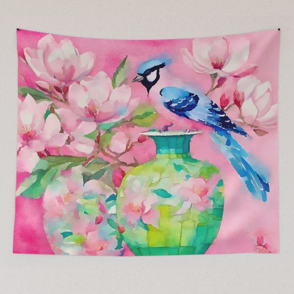 Item preview, Grandmillennial art, Blue bird, magnolia flowers and ginger  jars on pink designed and sold by SophieClimaArt.