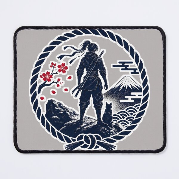 Item preview, Female Ninja & Cat Watching Mt. Fuji | Japanese Rope Circle Art designed and sold by Aguri-tei.