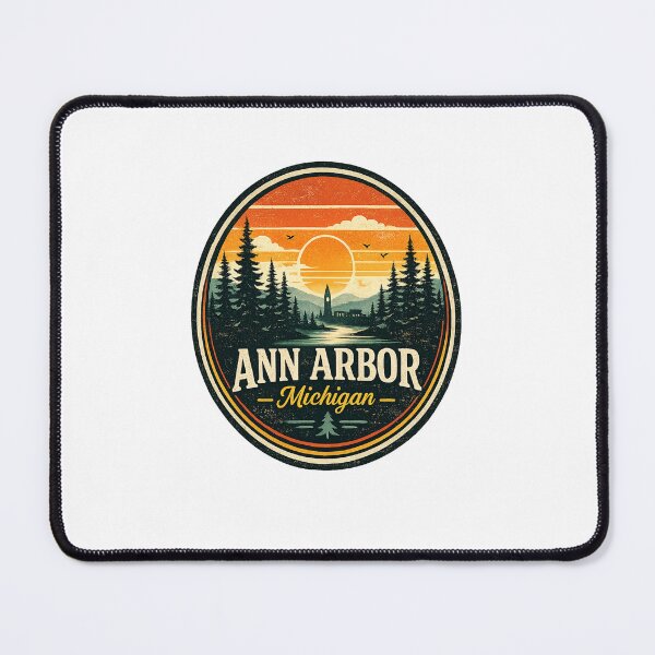 Item preview, Ann Arbor Michigan Retro Sunset Forest Badge Travel Sticker designed and sold by Artbysarmina.