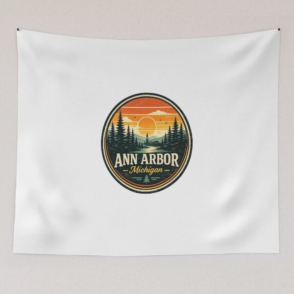 Item preview, Ann Arbor Michigan Retro Sunset Forest Badge Travel Sticker designed and sold by Artbysarmina.