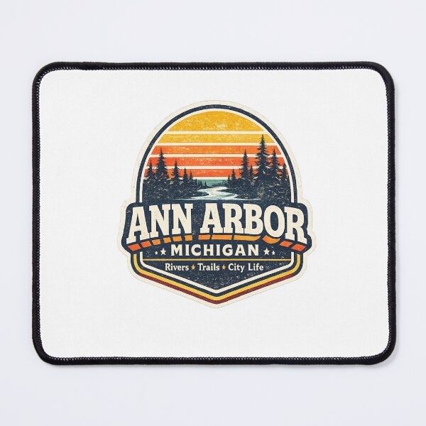 Item preview, Ann Arbor Michigan Retro Sunset Forest Badge Vintage Travel Design designed and sold by Artbysarmina.
